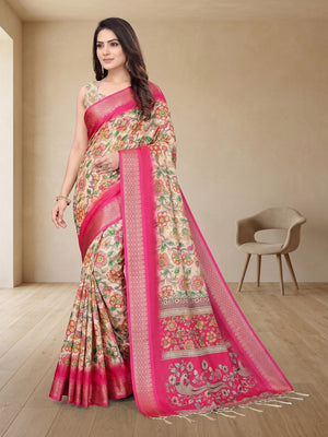 Peachmode Pink Cotton Silk Digital Print Saree with Jacquard Border - Image 2