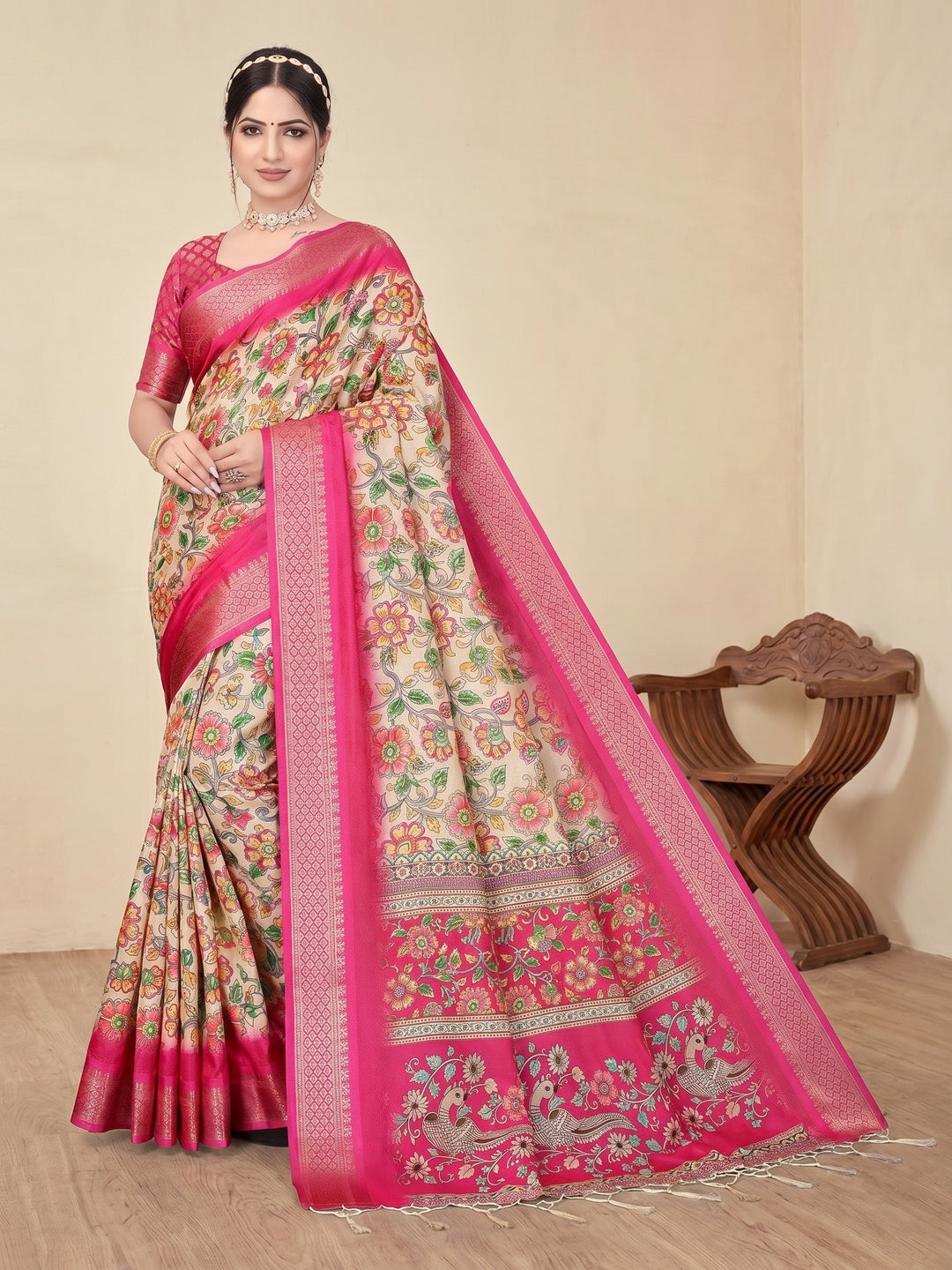 Peachmode Pink Cotton Silk Digital Print Saree with Jacquard Border - Image 3