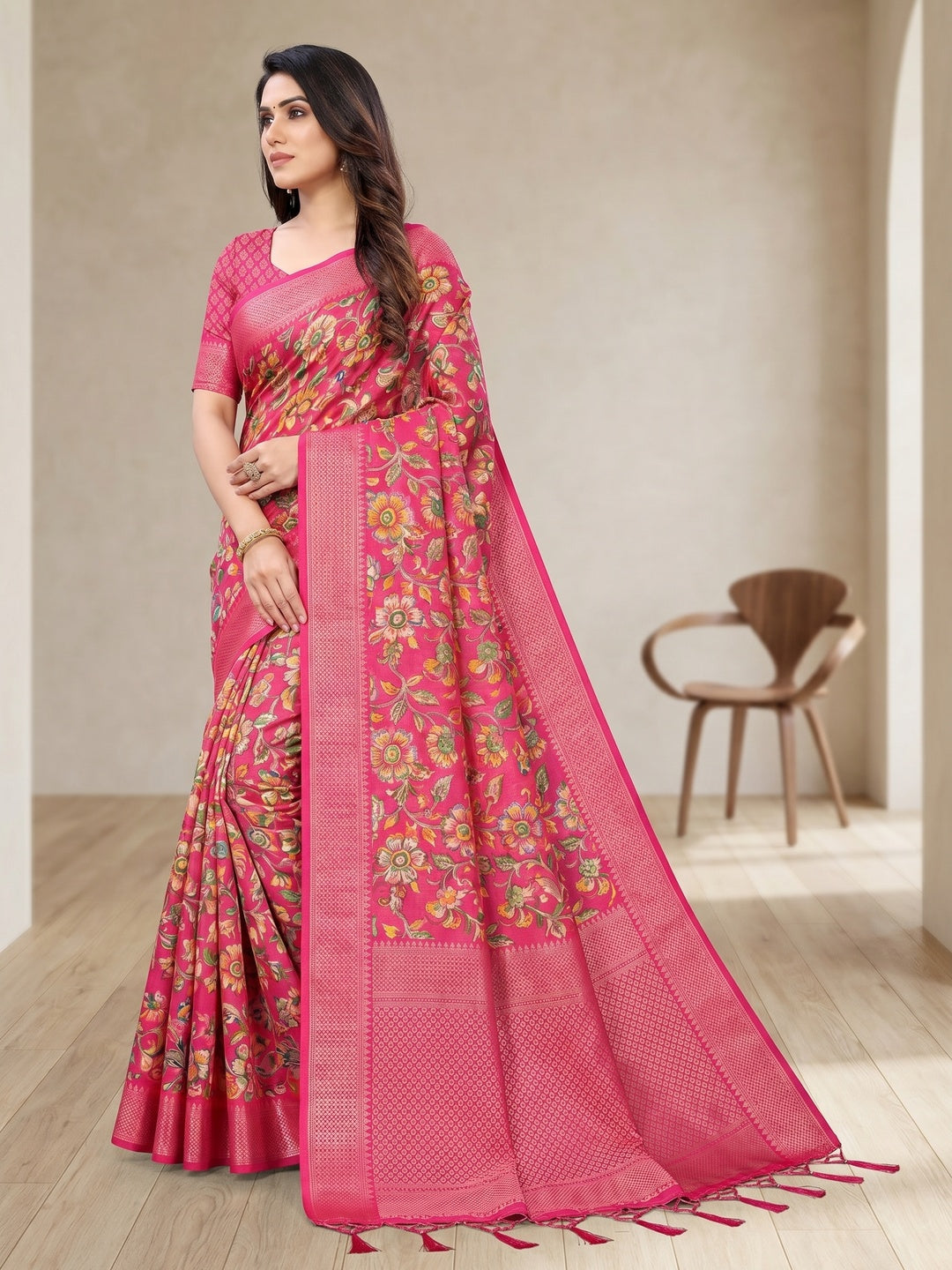 Peachmode Pink Cotton Silk Digital Print Saree with Jacquard Border - Image 4
