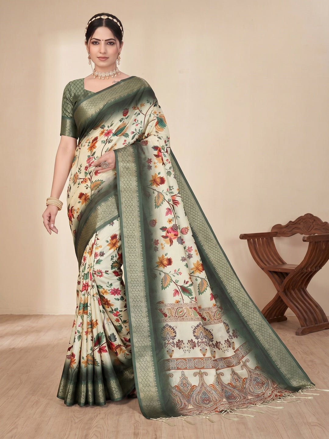 Peachmode Green Cotton Silk Digital Print Saree with Jacquard Border - Image 2