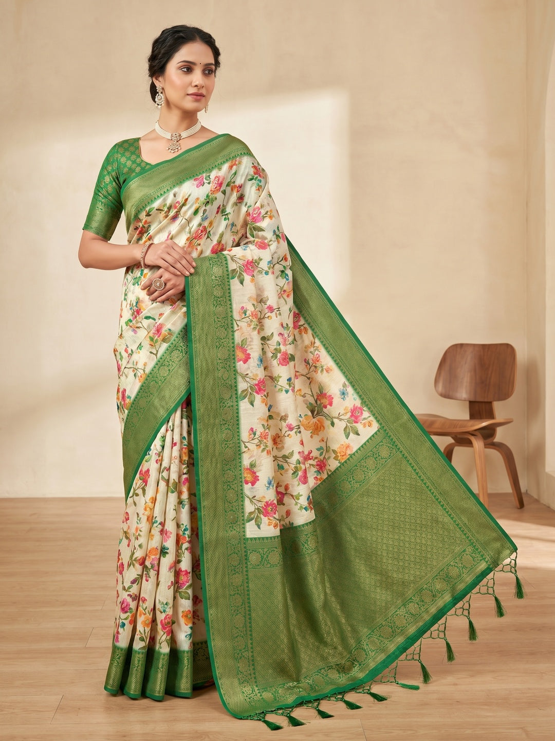 Peachmode Green Cotton Silk Digital Print Saree with Jacquard Border - Image 3