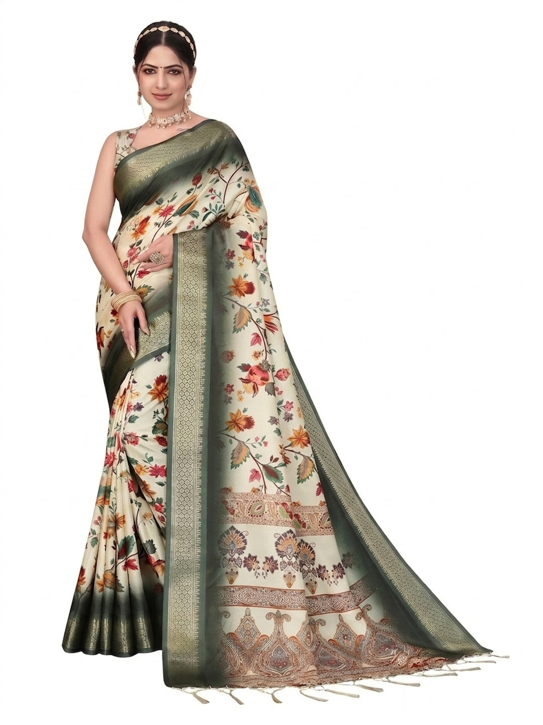 Peachmode Green Cotton Silk Digital Print Saree with Jacquard Border - Image 12