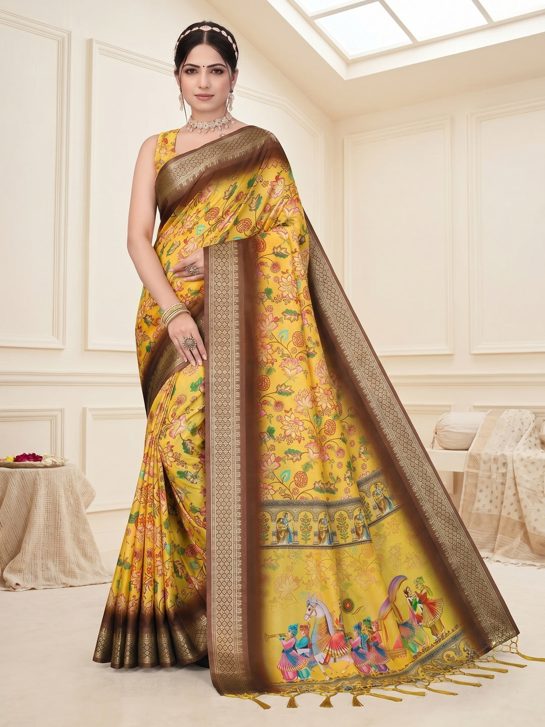 Peachmode Yellow Cotton Silk Digital Print Saree with Jacquard Border - Image 1