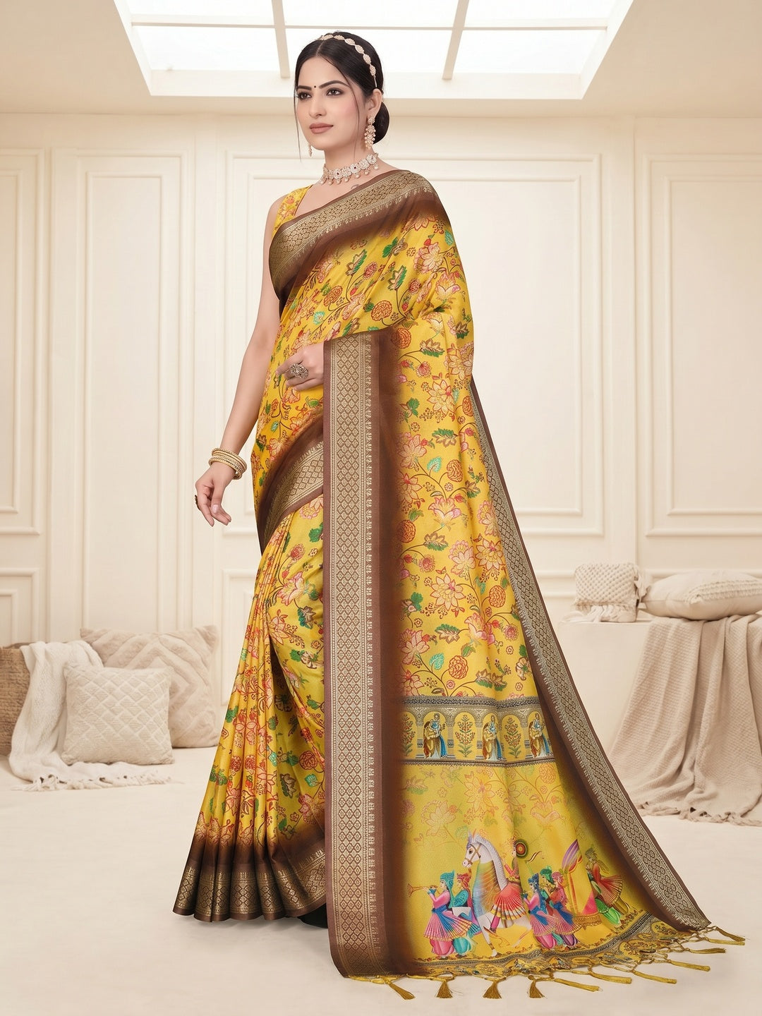 Peachmode Yellow Cotton Silk Digital Print Saree with Jacquard Border - Image 2
