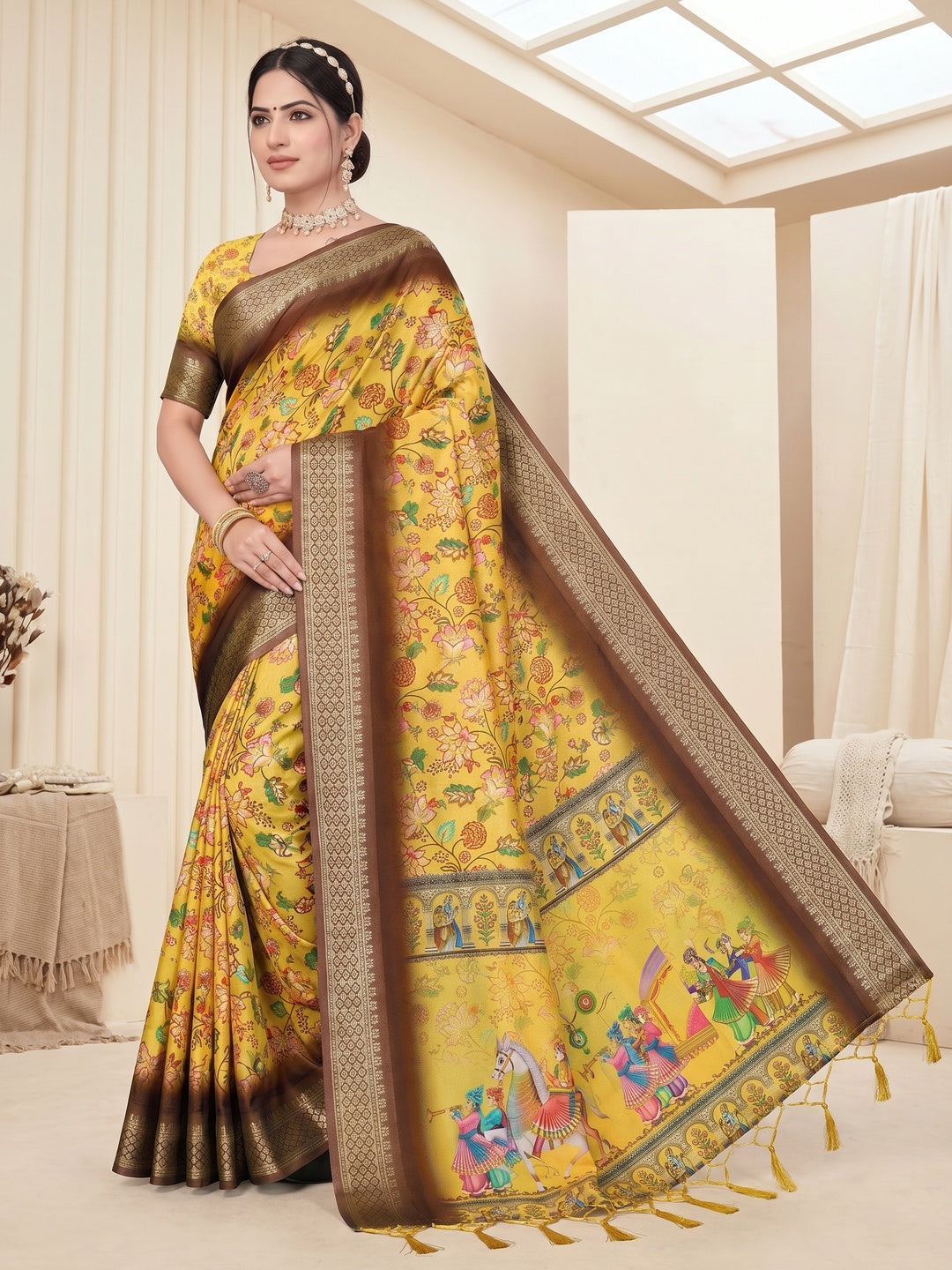 Peachmode Yellow Cotton Silk Digital Print Saree with Jacquard Border - Image 3