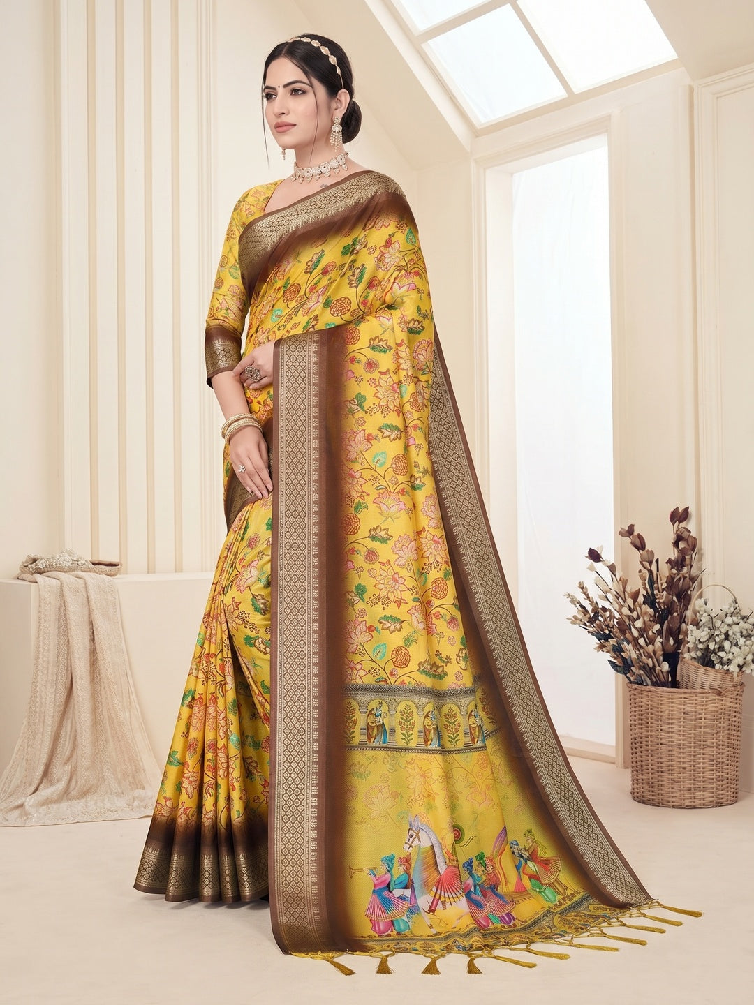 Peachmode Yellow Cotton Silk Digital Print Saree with Jacquard Border - Image 4
