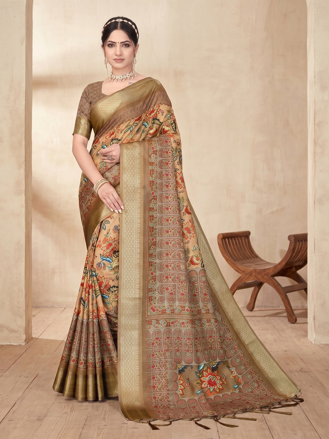 Peachmode Brown Cotton Silk Digital Print Saree with Jacquard Border - Image 1