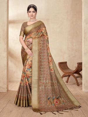 Peachmode Brown Cotton Silk Digital Print Saree with Jacquard Border - Image 1