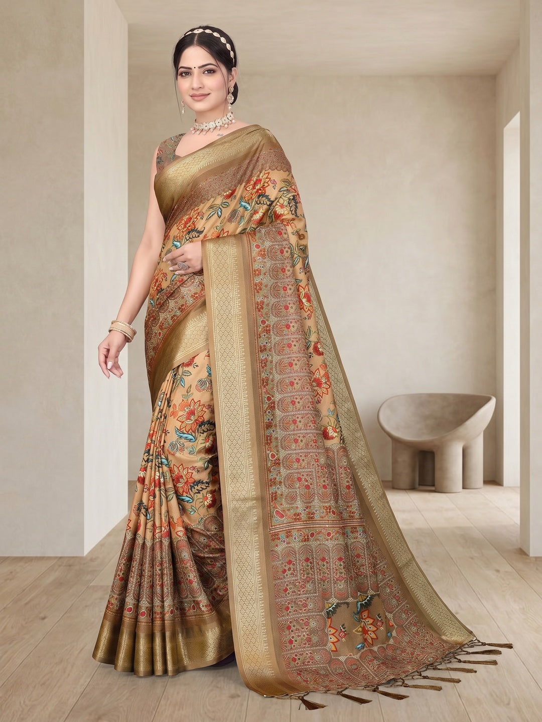 Peachmode Brown Cotton Silk Digital Print Saree with Jacquard Border - Image 2