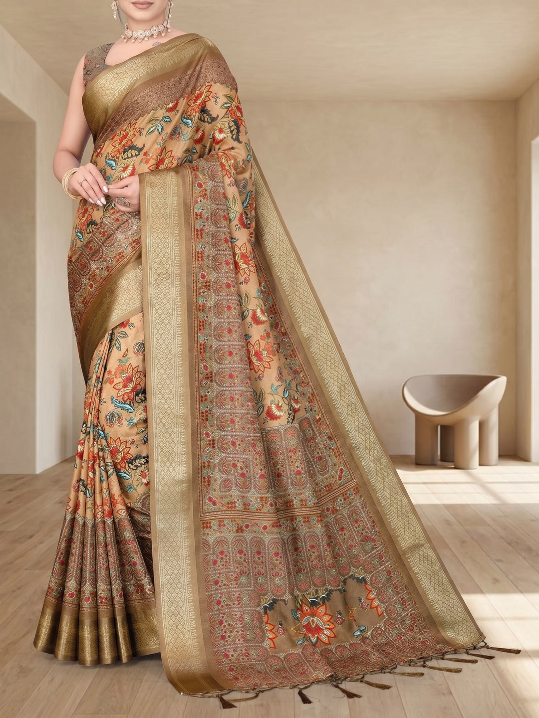 Peachmode Brown Cotton Silk Digital Print Saree with Jacquard Border - Image 3