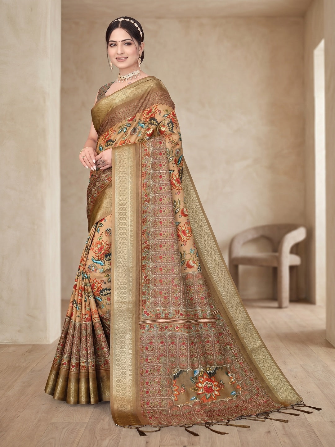 Peachmode Brown Cotton Silk Digital Print Saree with Jacquard Border - Image 4