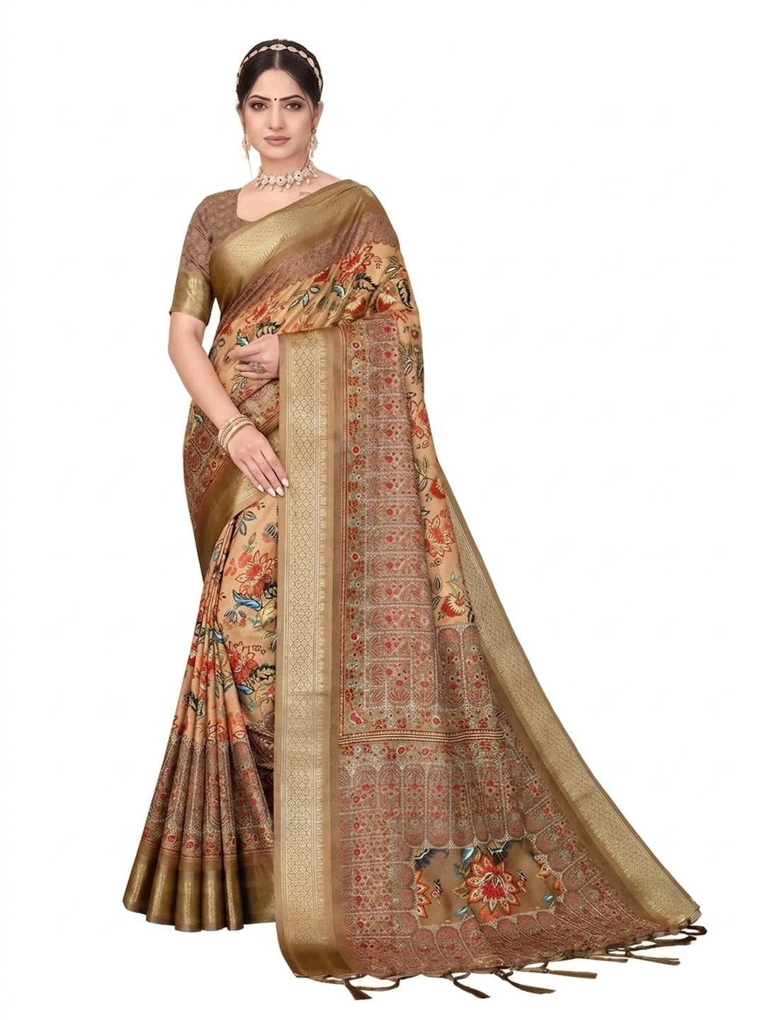 Peachmode Brown Cotton Silk Digital Print Saree with Jacquard Border - Image 11