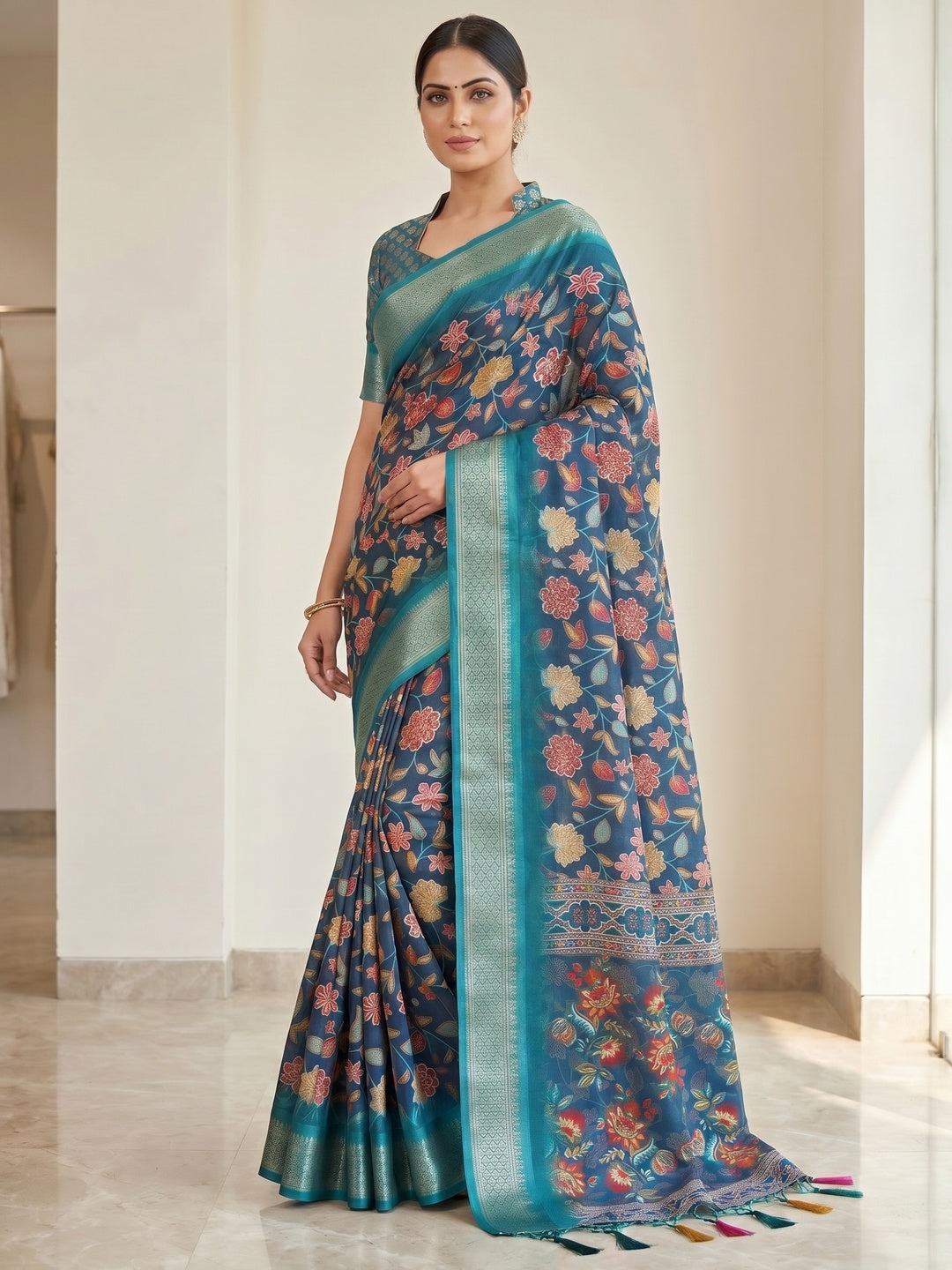 Peachmode Blue Cotton Silk Digital Print Saree with Jacquard Border - Image 4