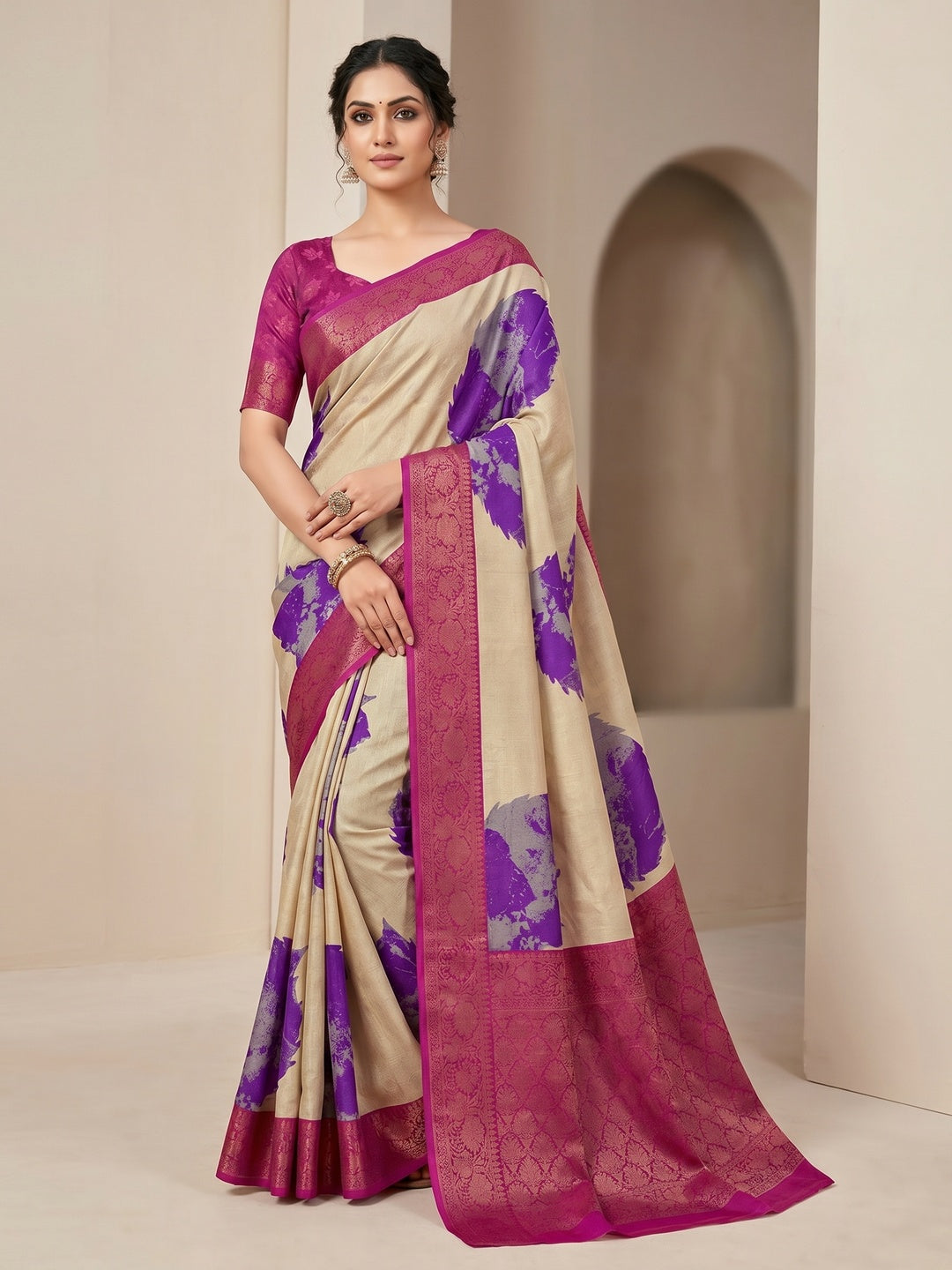 Peachmode Purple Soft Marshmallow Saree with Digital Print - Image 1