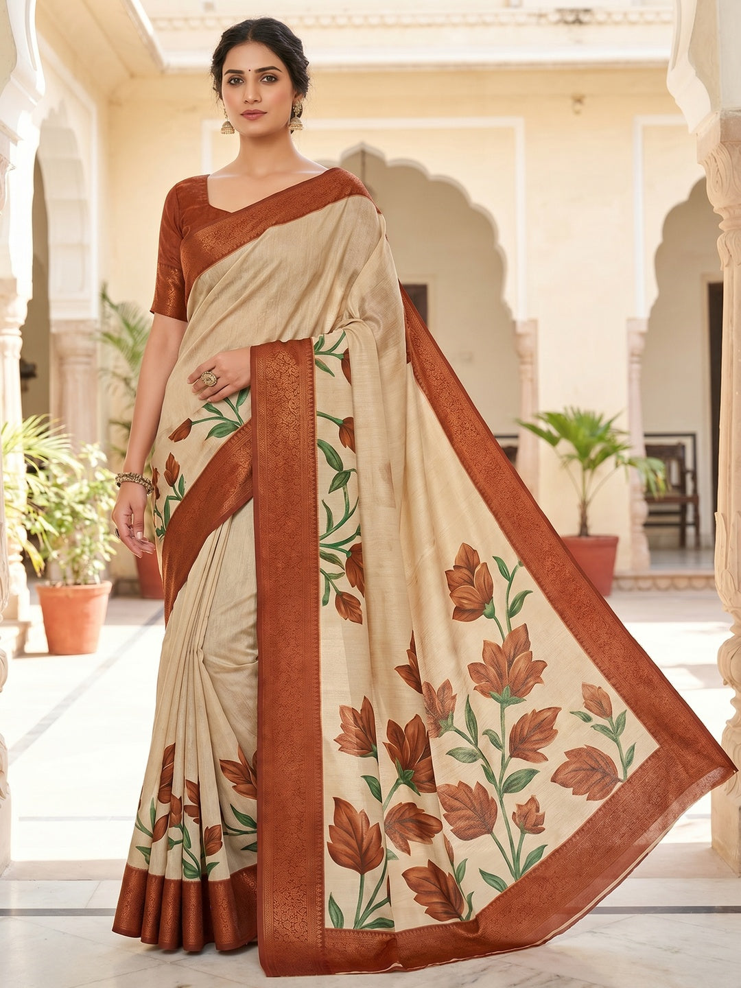 Peachmode Beige Soft Marshmallow Saree with Digital Print - Image 1
