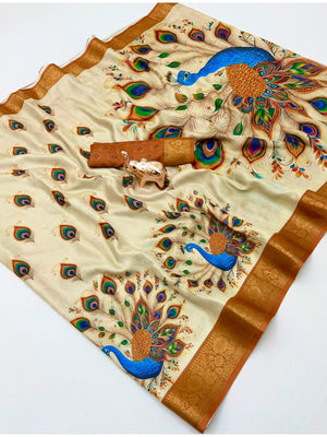 Peachmode Cream Soft Marshmallow Saree with Digital Print - Image 2