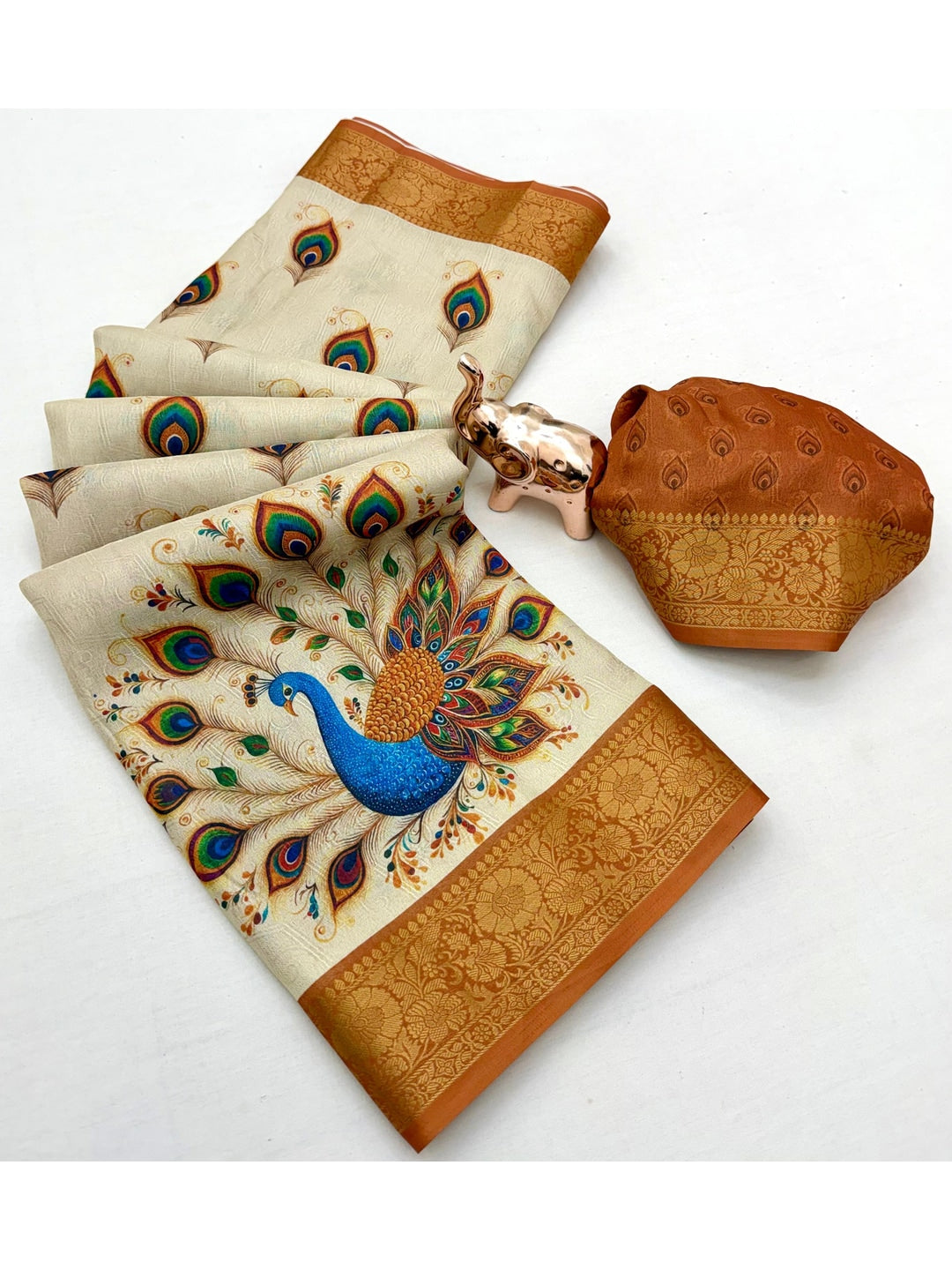 Peachmode Cream Soft Marshmallow Saree with Digital Print - Image 3
