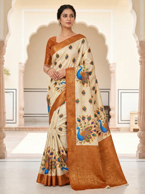 Peachmode Cream Soft Marshmallow Saree with Digital Print - Image 1
