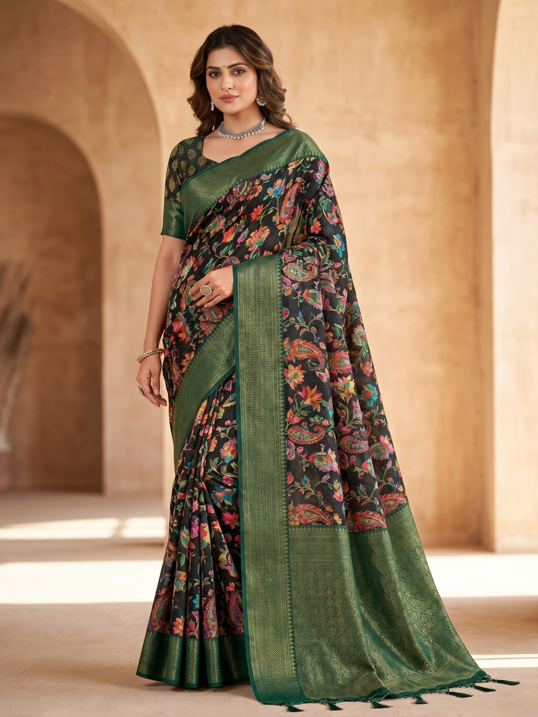 Peachmode Black Soft Marshmallow Saree with Digital Print - Image 1
