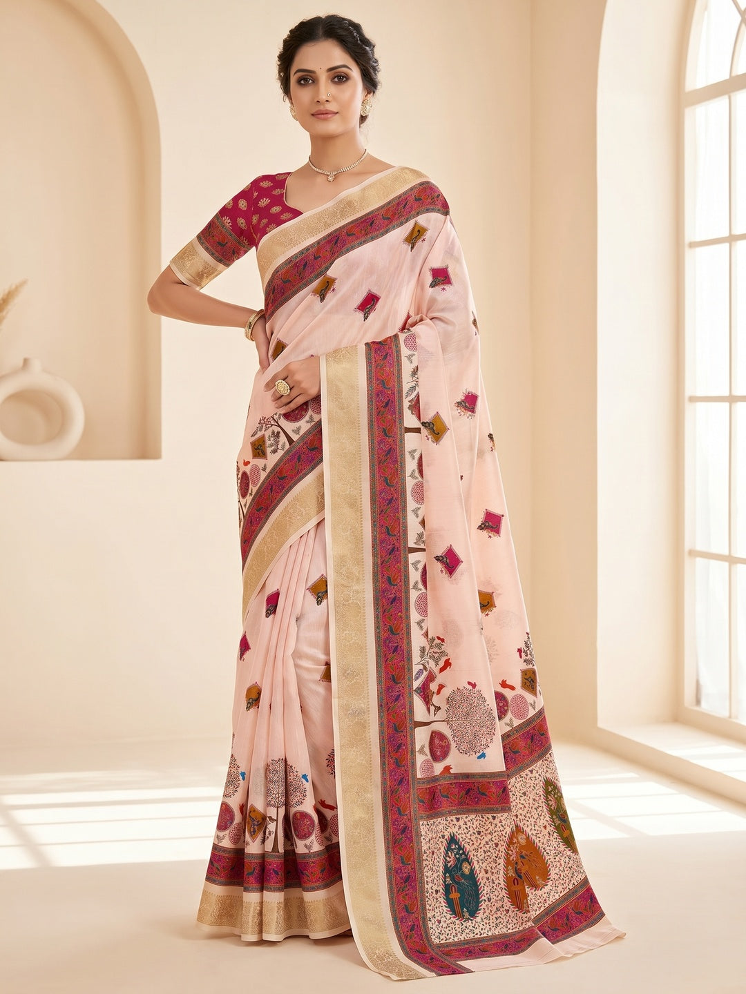 Peachmode Pink Soft Marshmallow Saree with Digital Print - Image 1