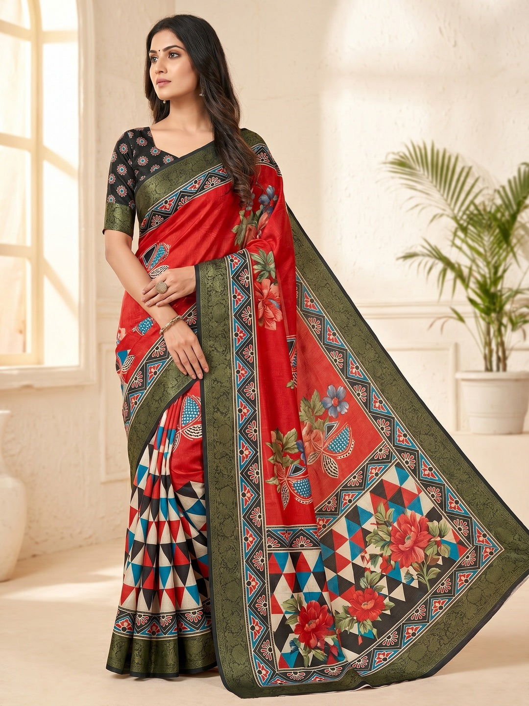 Peachmode Red Soft Marshmallow Saree with Digital Print - Image 1