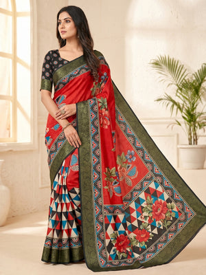 Peachmode Red Soft Marshmallow Saree with Digital Print - Image 1