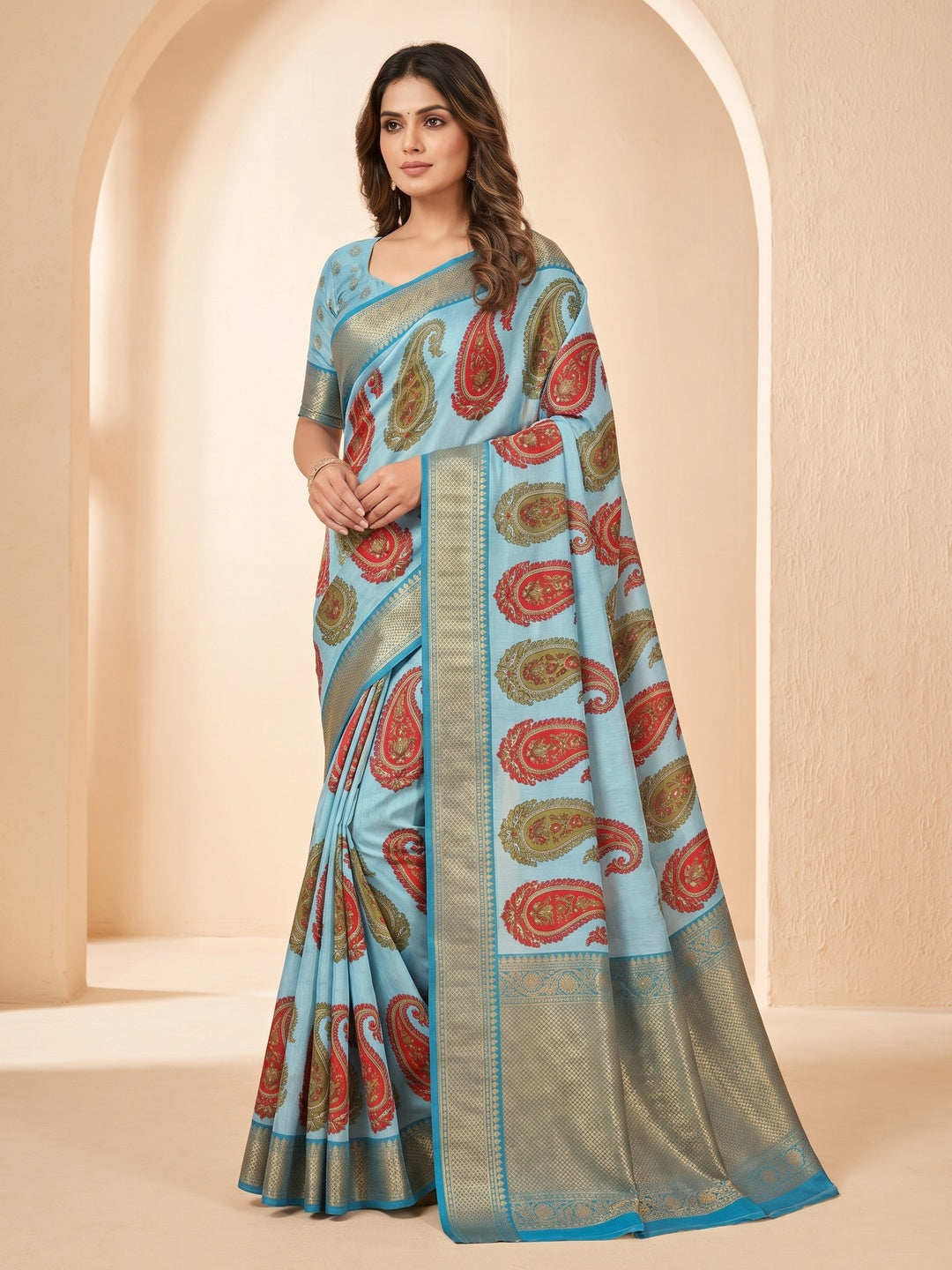 Peachmode Blue Soft Marshmallow Saree with Digital Print - Image 1