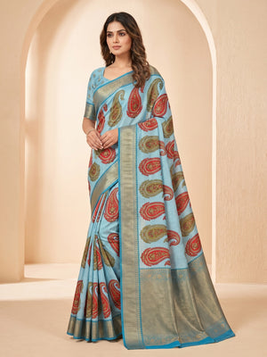 Peachmode Blue Soft Marshmallow Saree with Digital Print - Image 1