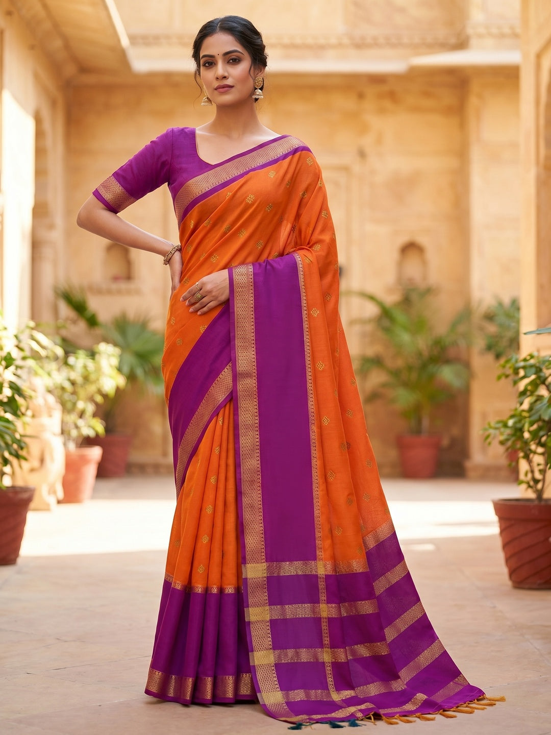 Peachmode Orange Soft Marshmallow Saree with Ikkat Print - Image 1