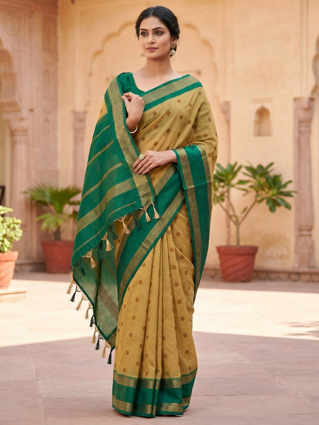 Peachmode Beige Soft Marshmallow Saree with Ikkat Print - Image 1