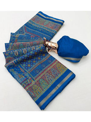 Peachmode Turquoise Tussar Saree with Digital Print - Image 2