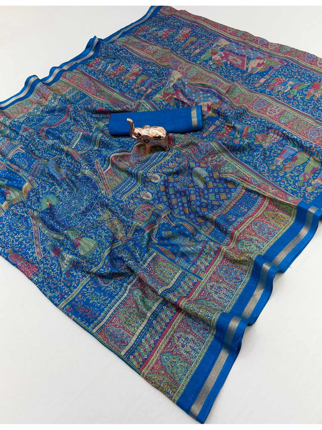 Peachmode Turquoise Tussar Saree with Digital Print - Image 3