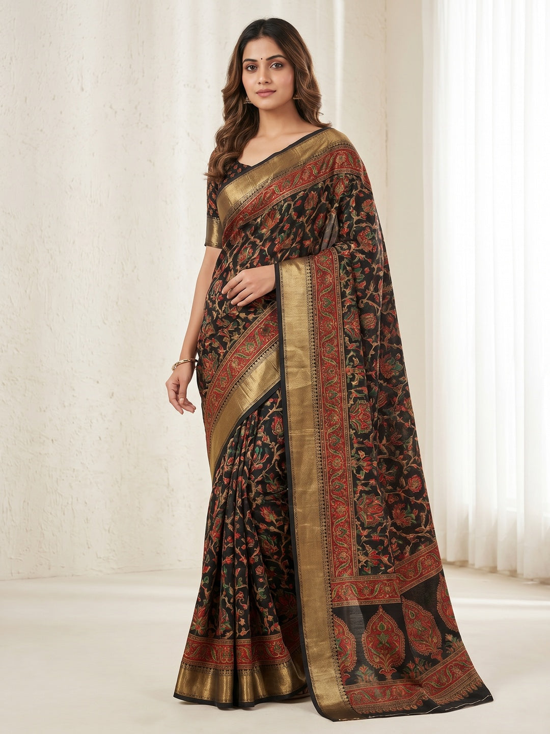 Peachmode Black Tussar Saree with Digital Print - Image 1