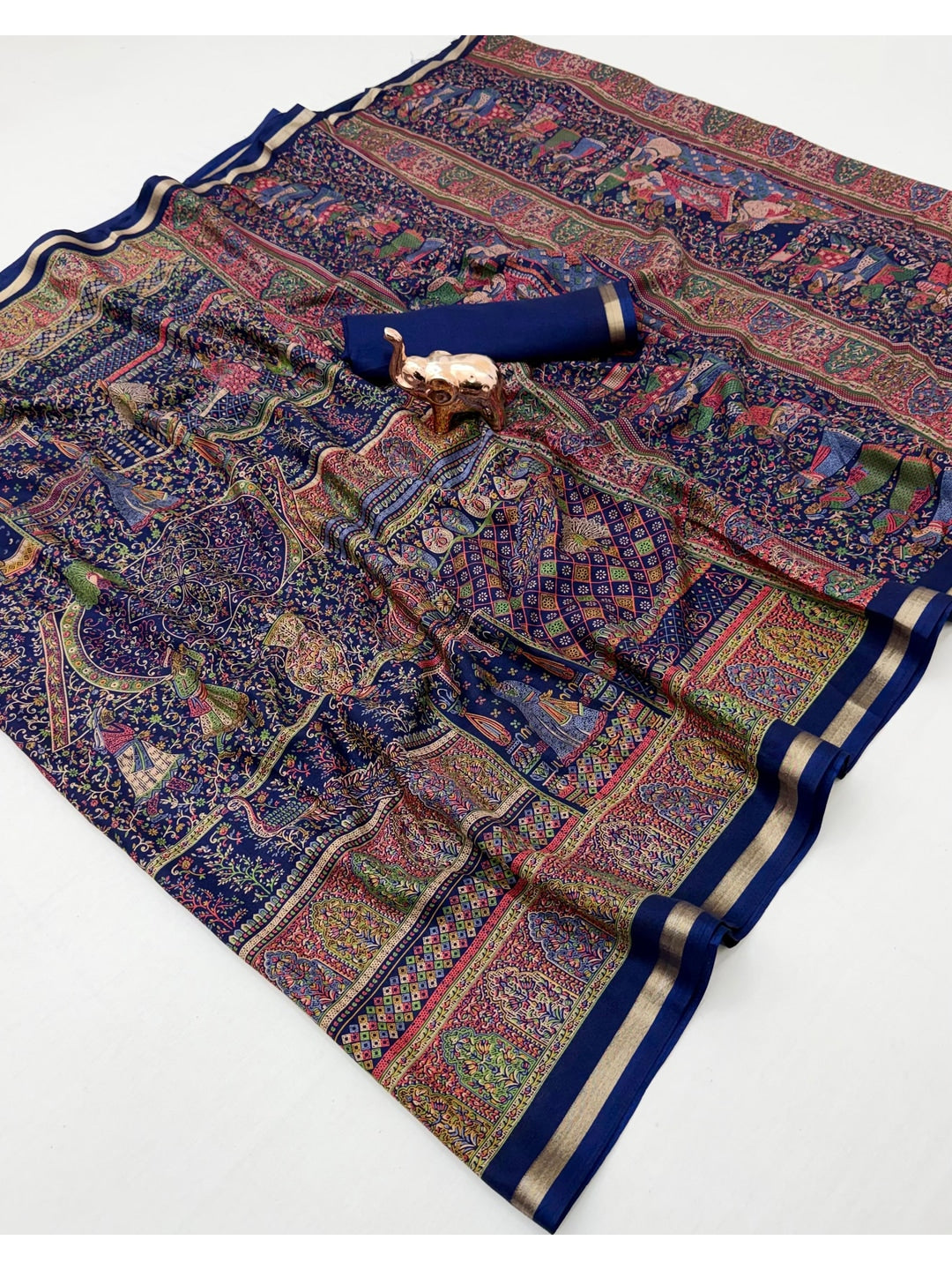 Peachmode Navy Blue Tussar Saree with Digital Print - Image 2