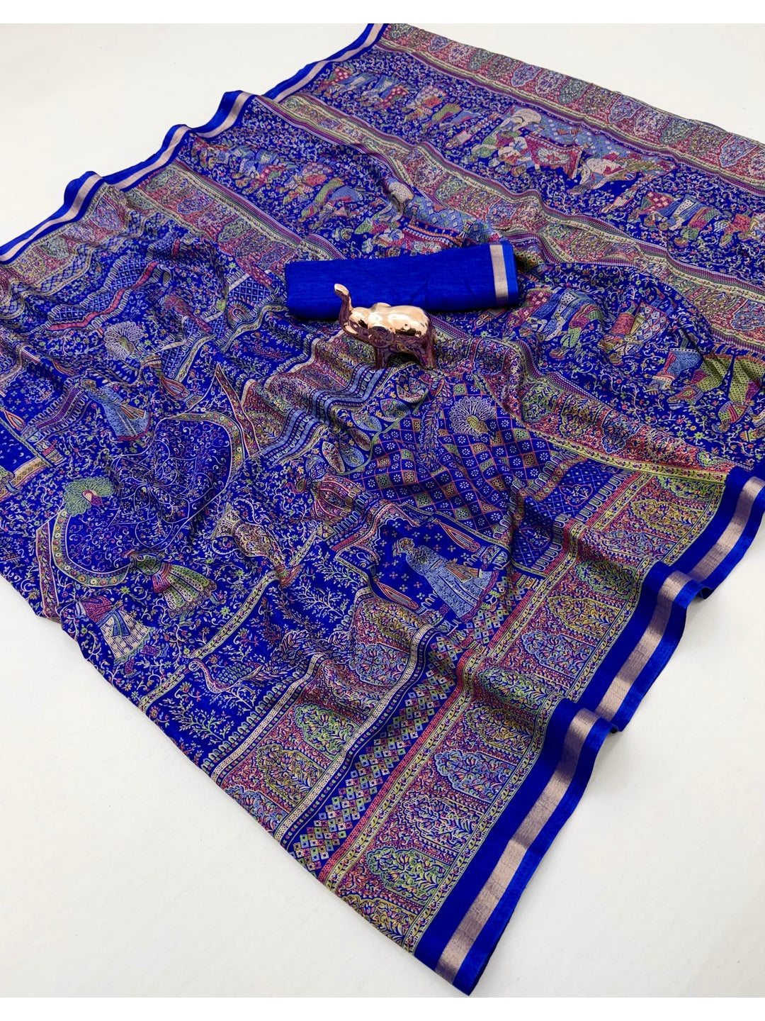 Peachmode Navy Blue Tussar Saree with Digital Print - Image 4
