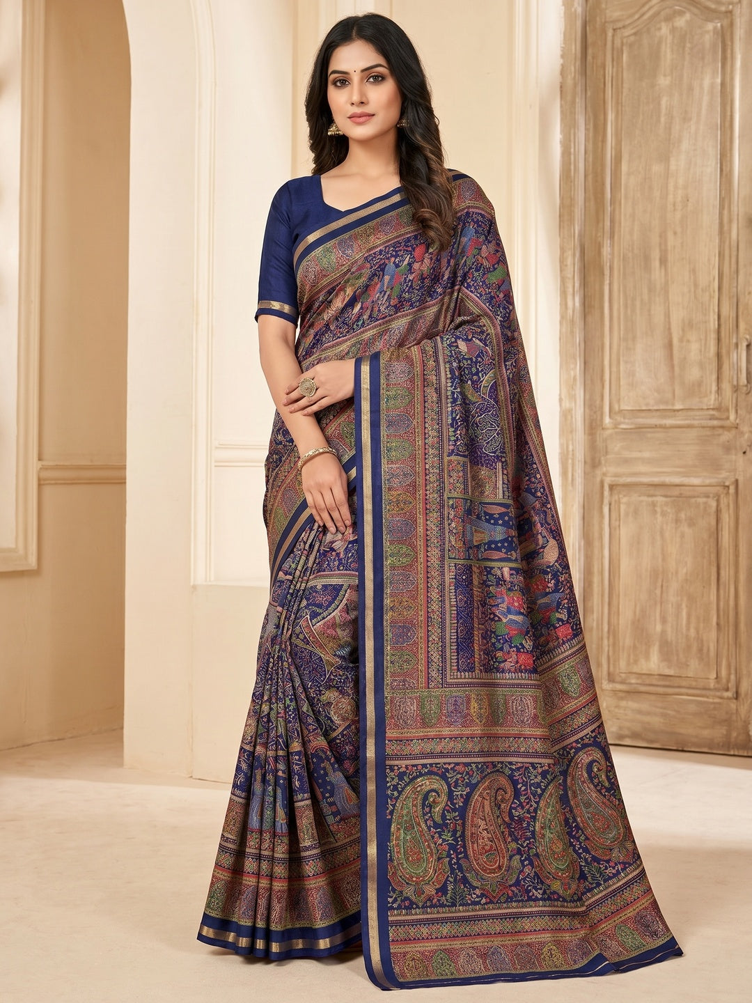 Peachmode Navy Blue Tussar Saree with Digital Print - Image 1