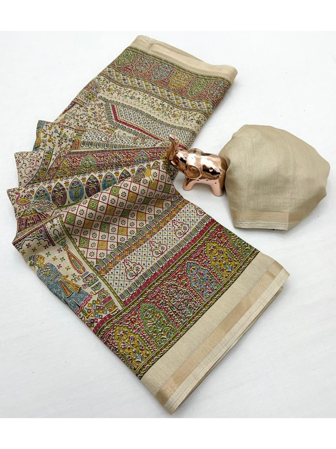 Peachmode Beige Tussar Saree with Digital Print - Image 2