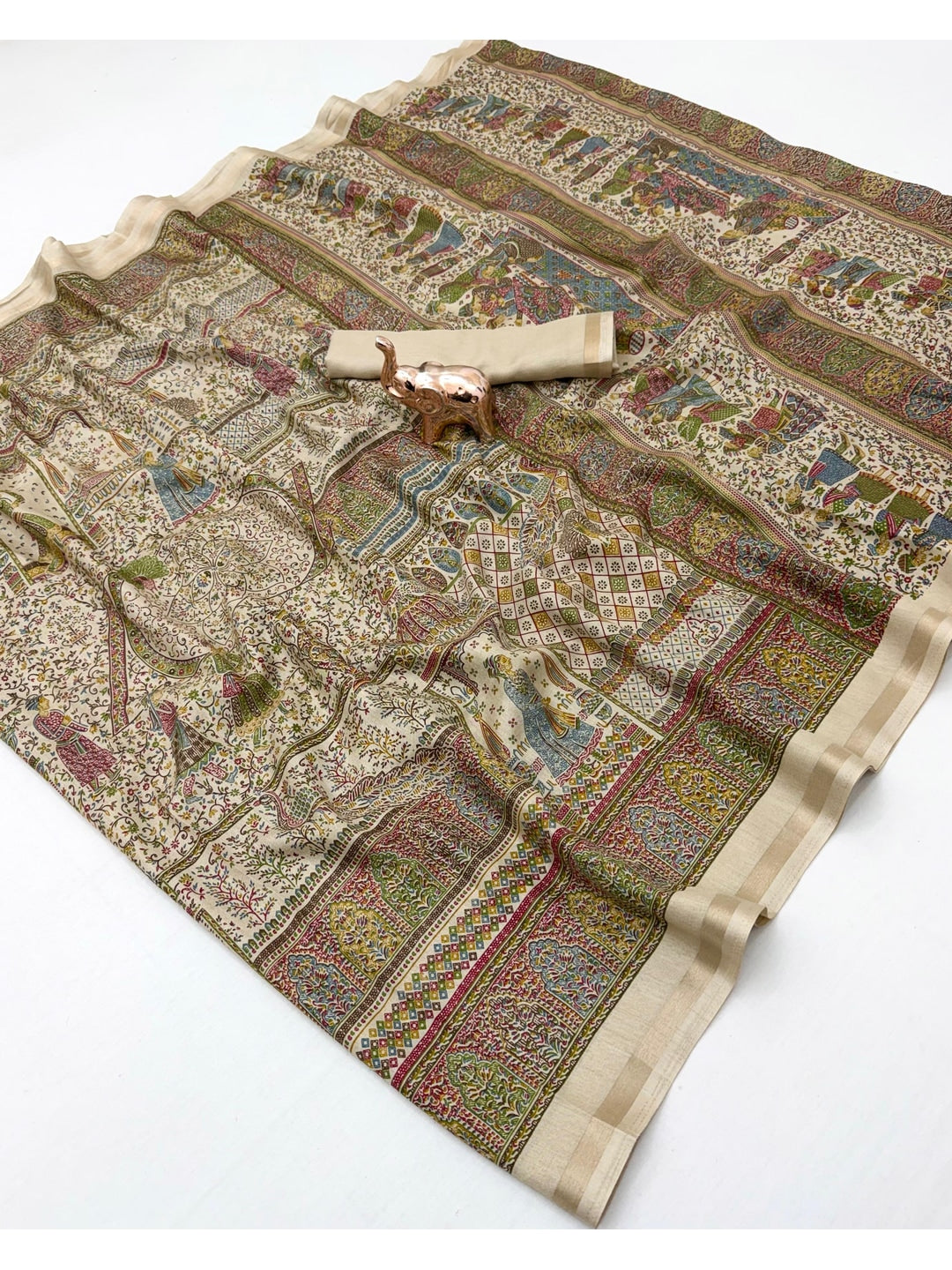 Peachmode Beige Tussar Saree with Digital Print - Image 3
