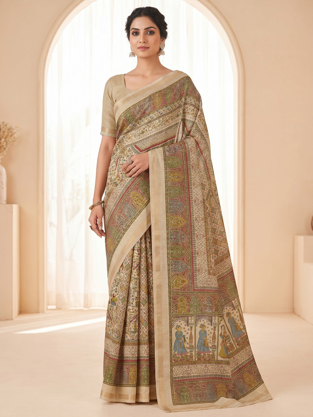 Peachmode Beige Tussar Saree with Digital Print - Image 1