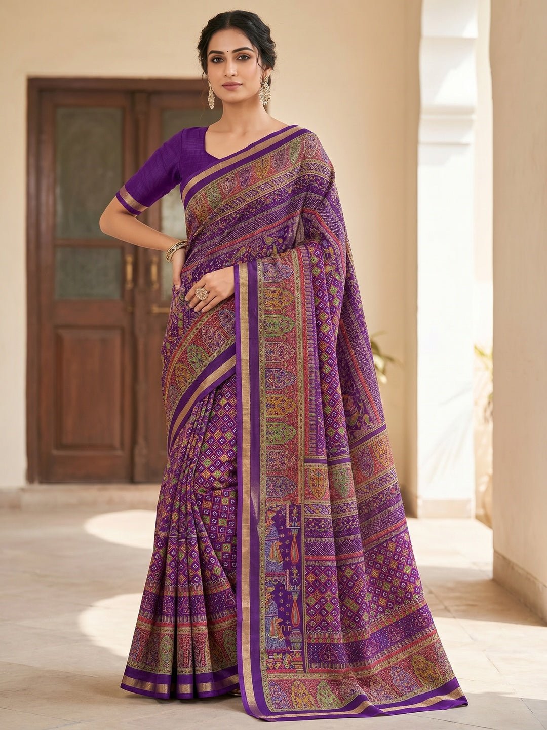 Peachmode Purple Tussar Saree with Digital Print - Image 1