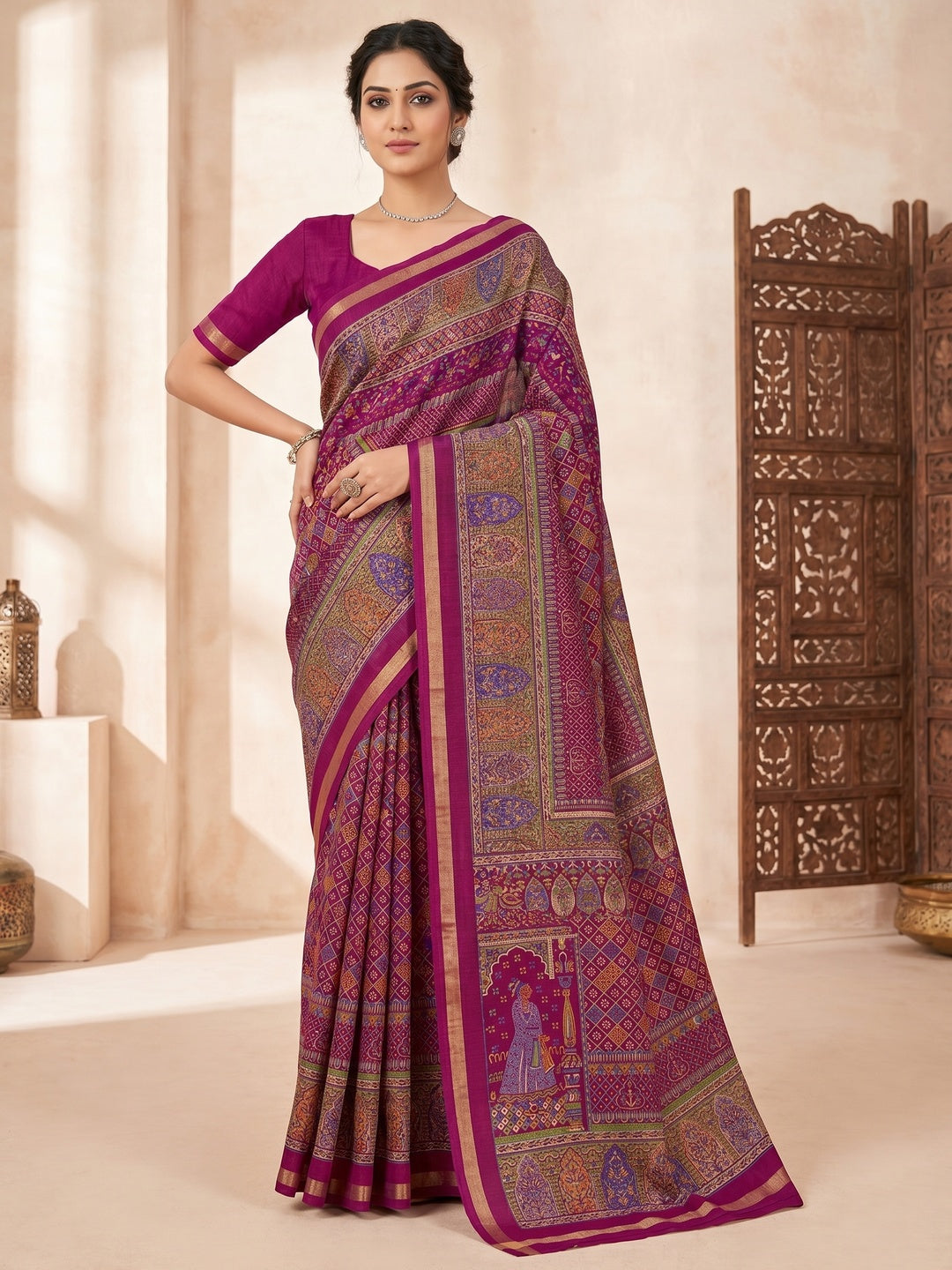 Peachmode Magenta Tussar Saree with Digital Print - Image 1
