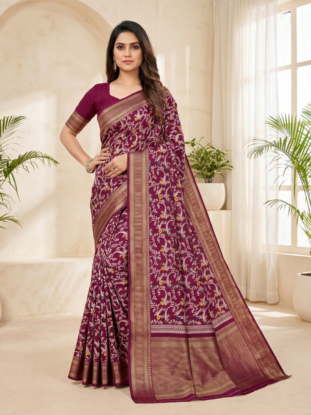 Peachmode Maroon Dolla Silk Saree with Digital Print - Image 1