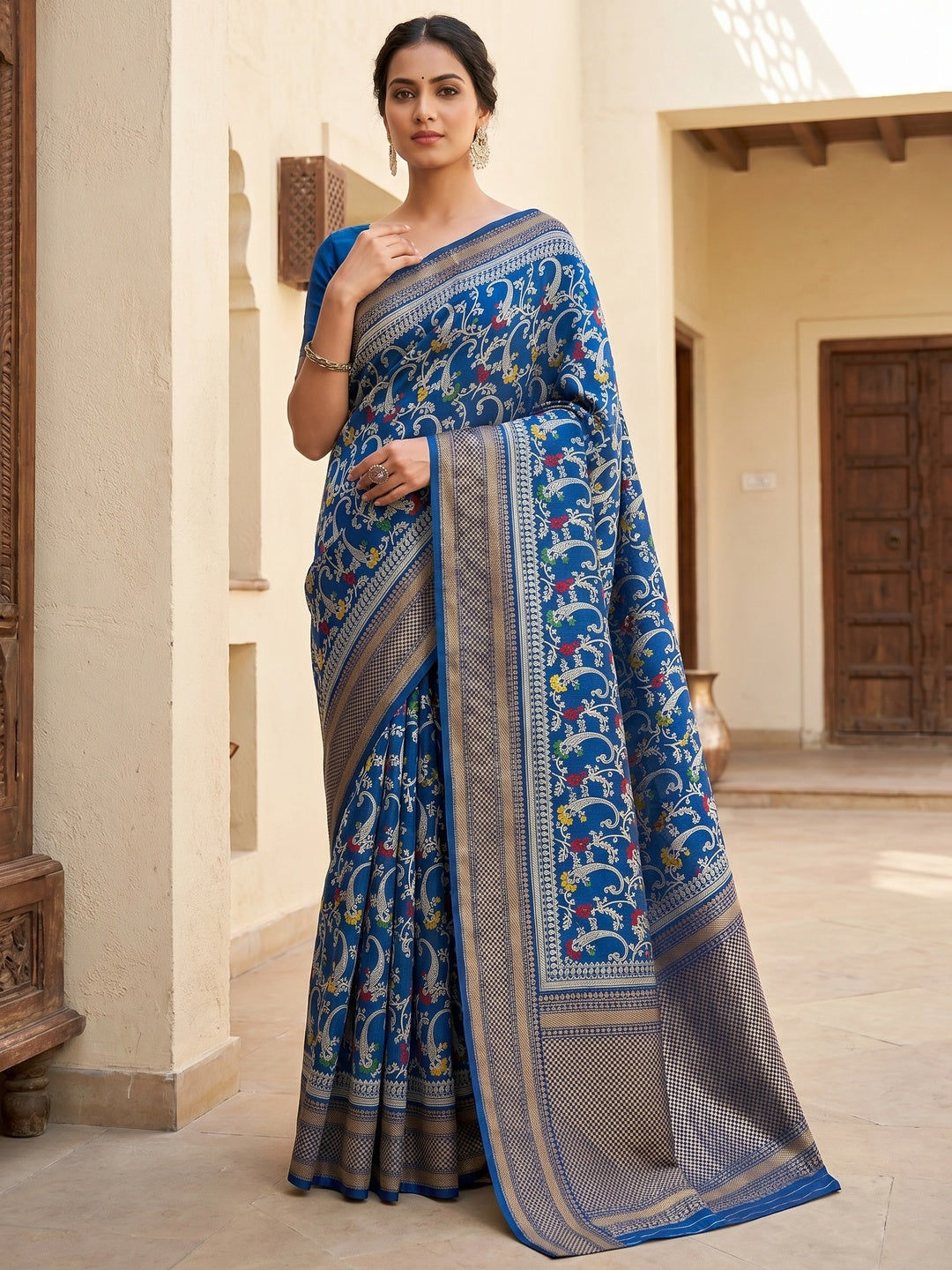 Peachmode Blue Dolla Silk Saree with Digital Print - Image 1