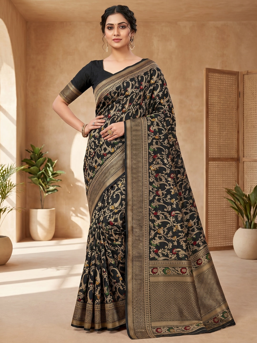 Peachmode Black Dolla Silk Saree with Digital Print - Image 1