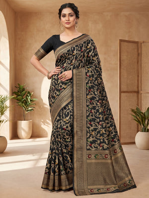 Peachmode Black Dolla Silk Saree with Digital Print - Image 1