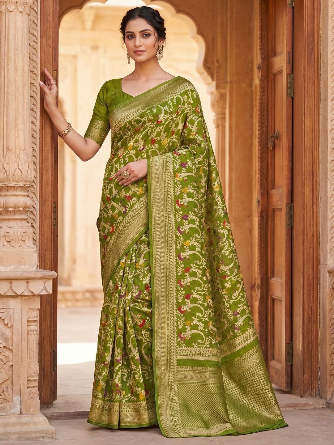 Peachmode Olive Dolla Silk Saree with Digital Print - Image 1