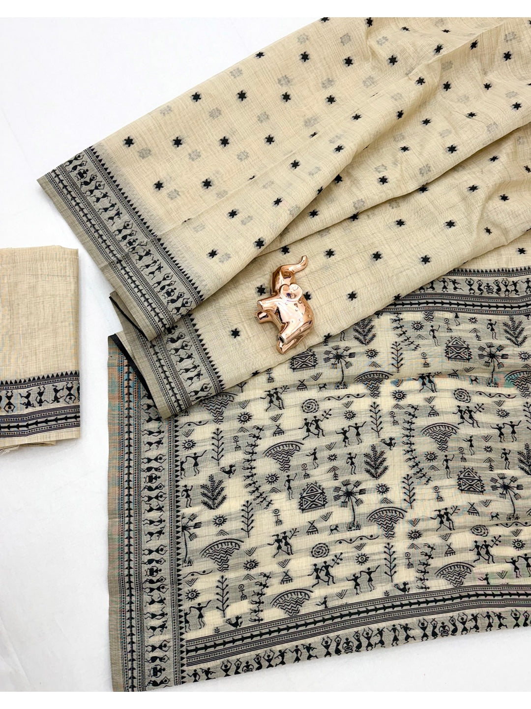 Peachmode Cream Tussar Cotton Silk Saree with Warli - Image 3