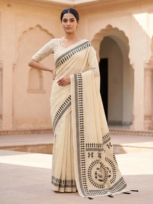 Peachmode Cream Tussar Cotton Silk Saree with Warli - Image 1