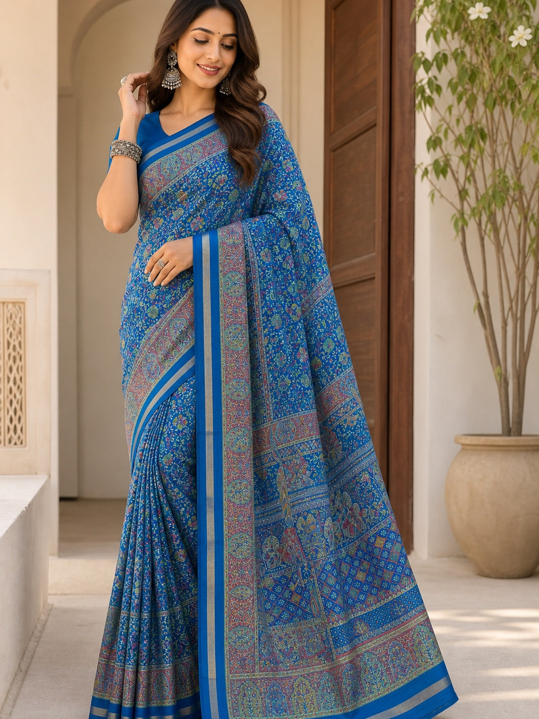 Peachmode Turquoise Tussar Saree with Digital Print - Image 1