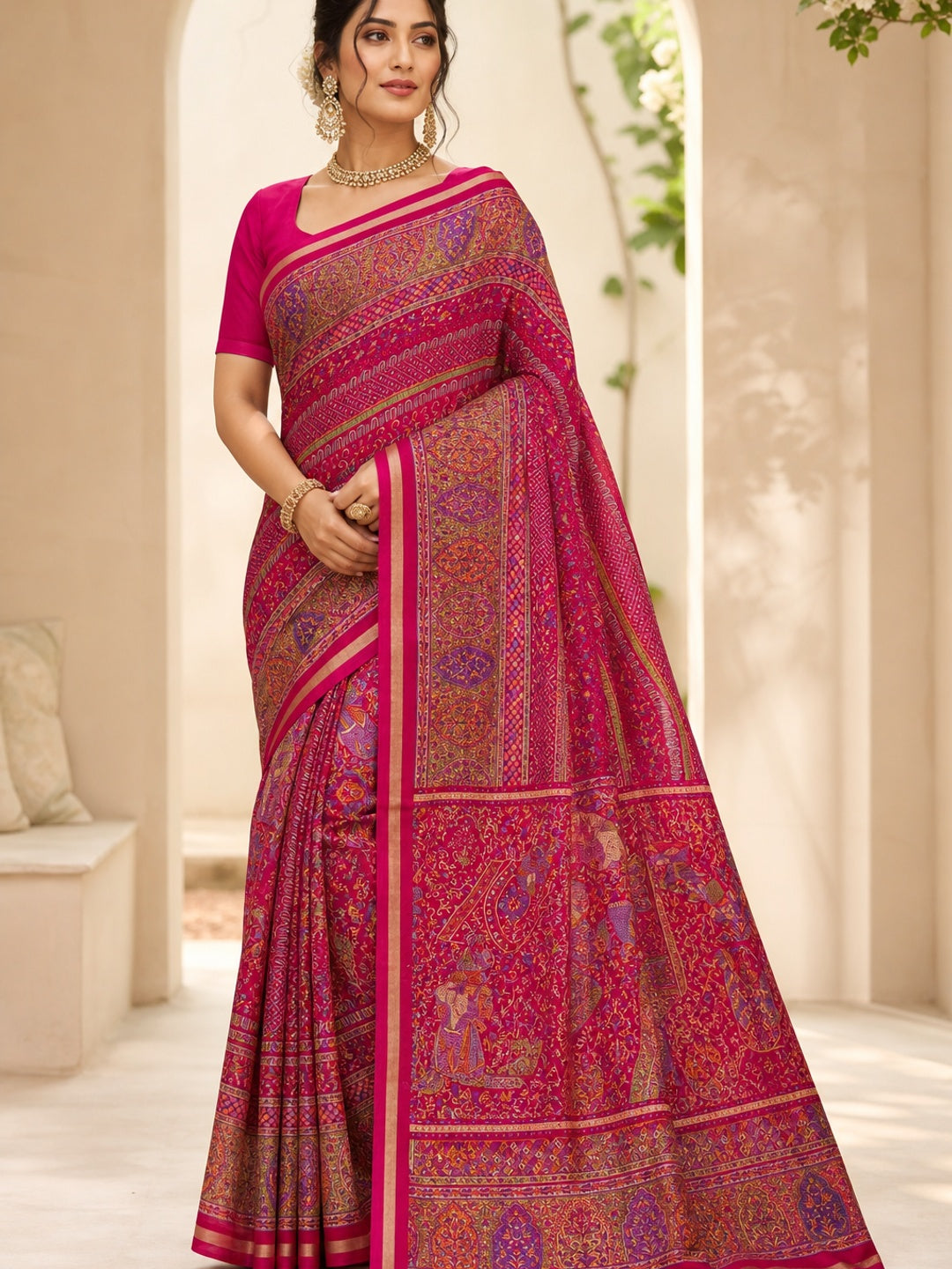 Peachmode Pink Tussar Saree with Digital Print - Image 1